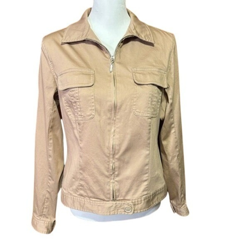 Jones Wear Sport Women Tan Khaki Stretch Full Zip Utility Jacket Size 8